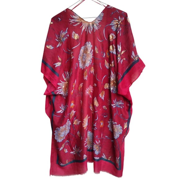 WOVEN HEART Floral Semi Sheer Open Front Long Kimono Beach Swim Coverup Boho OS - Picture 2 of 11